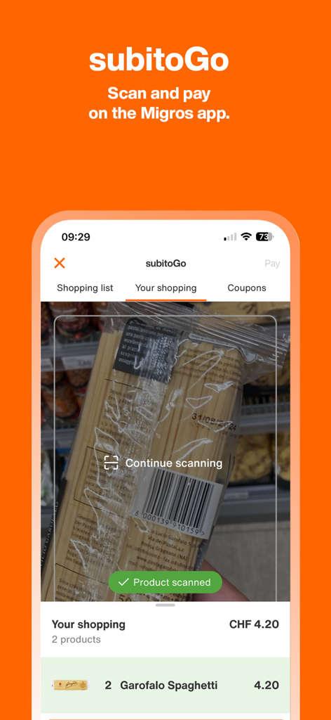 A smartphone screen showing the subitoGo feature in the Migros app being used to scan a package of spaghetti for instant payment.