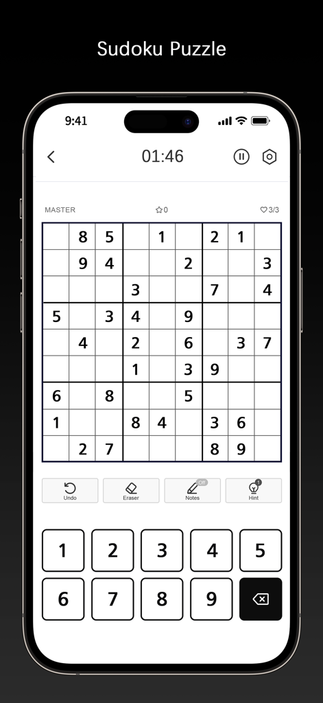 Sudoku Master！ - A minimalist and clean Sudoku Master logic puzzle grid on a mobile screen.