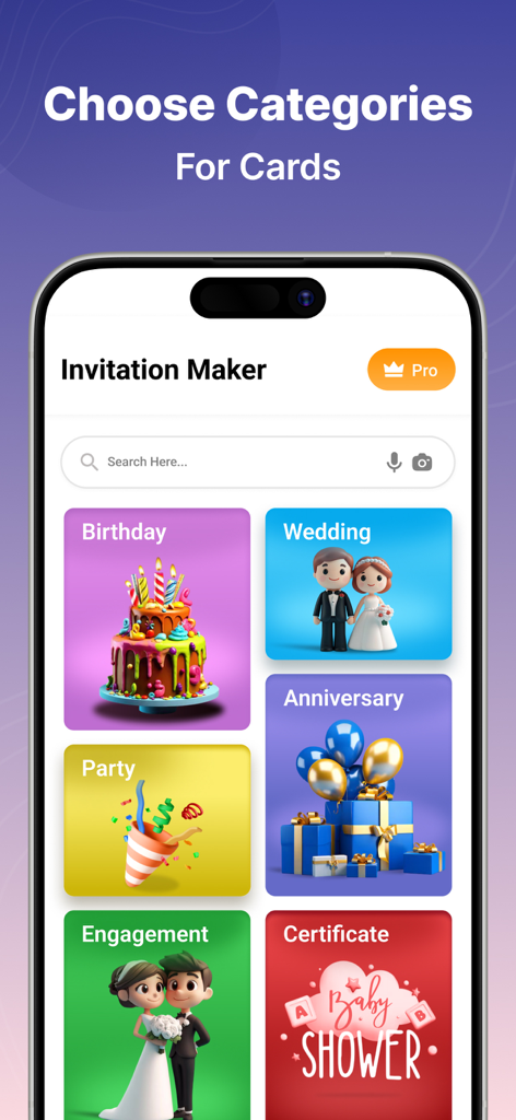 Invitation Card & Design Maker - Interface de l'application Invitation Maker montrant les catégories de design pour les anniversaires, les mariages, les fêtes et les célébrations.