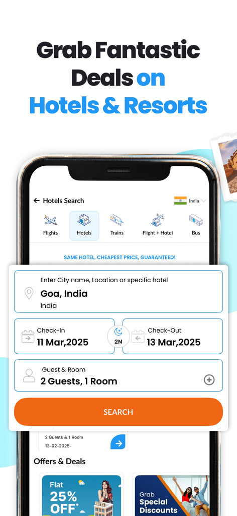 EaseMyTrip mobile app interface for searching and booking hotels in Goa India with exclusive deals and discounts