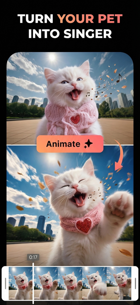 Pet Videos: Cat,Dog Translator - アプリのインターフェース内で歌う動画にアニメーション化されているハートが付いたピンクのスカーフを着た白い猫