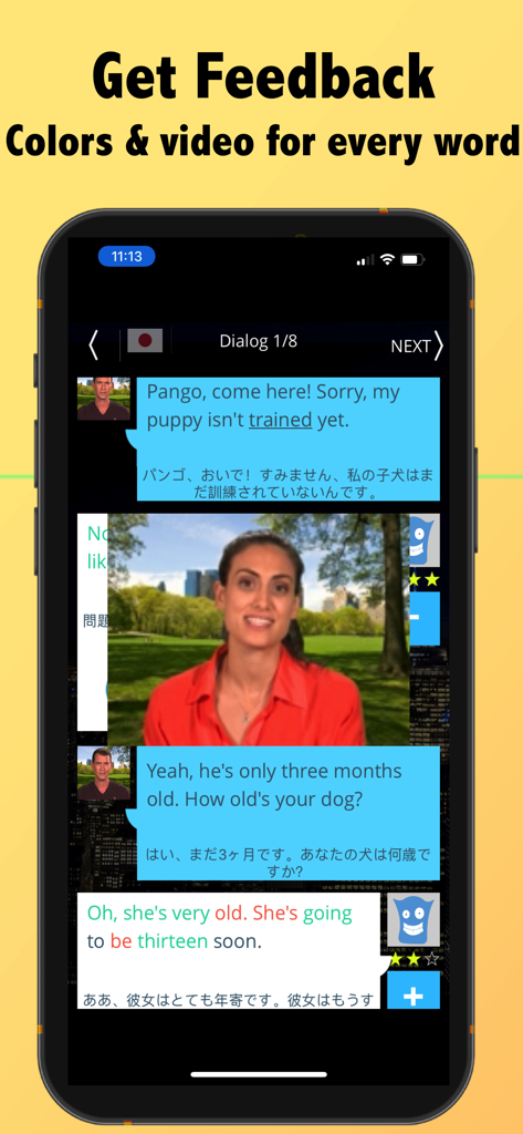 SpeakingPal Speak English - SpeakingPal app interface showing English conversation practice with video and pronunciation feedback