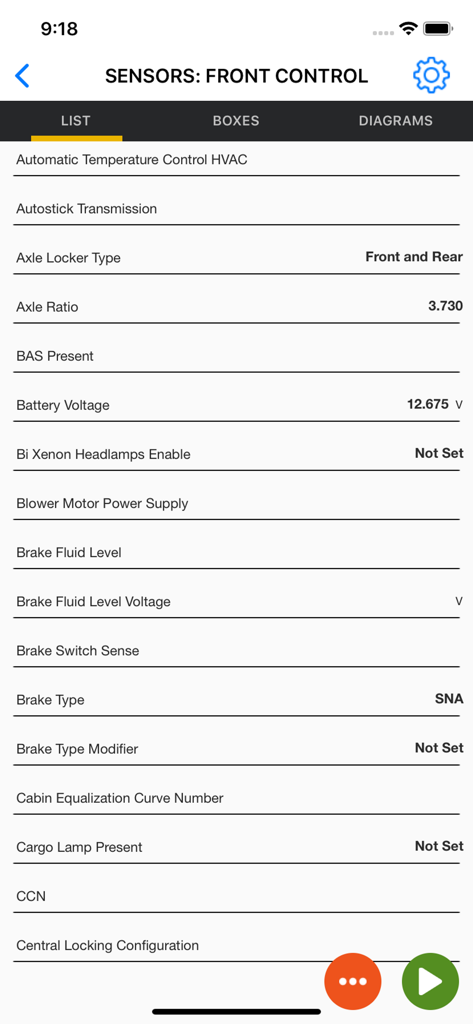 A list of live vehicle sensor data including axle ratio and battery voltage in the OBD JScan app.