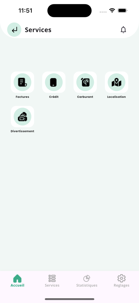 Samir Moneyアプリのサービス画面。請求書払い、モバイルクレジット、燃料サービスのアイコンが表示されている