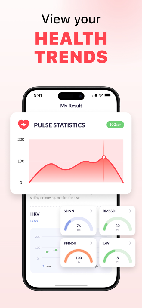 Heart rate monitor app dashboard showing pulse statistics and health trends on an iPhone.