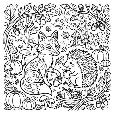 Celebrate the beauty of fall with this delightful coloring page featuring a friendly fox and a charming hedgehog. Immerse yourself in a serene woodland scene, adorned with abundant autumn treasures, ready for your creative touch.