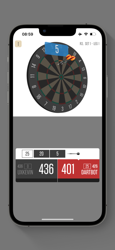 Dartsmind - Interface do app Dartsmind mostrando uma partida de dardos X01 contra um DartBot com pontuação automatizada