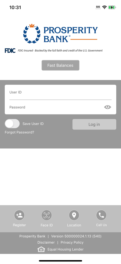 Prosperity Mobile Banking - Login screen of the Prosperity Mobile Banking app featuring secure user sign in fields and quick access icons for Face ID and locations