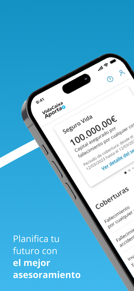 Pantalla de teléfono móvil que muestra los detalles del seguro de vida en la aplicación VidaCaixa Aporta