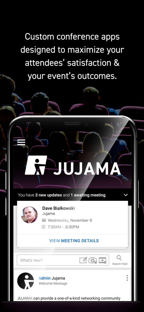 Jujama Connect - Jujama Connect mobile app interface showing event networking and meeting schedule features on a smartphone