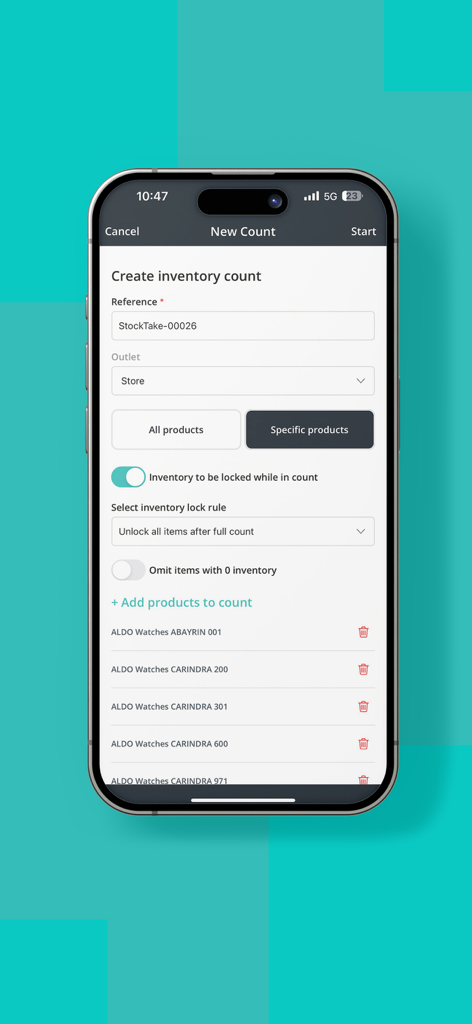 Inventory Scan by Hike - Interface for creating a new inventory count with specific products in the Hike app