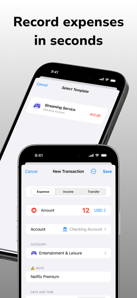 Profiro: FIRE & Budget Planner - Profiro mobile app screen showing quick transaction entry for a streaming service expense.