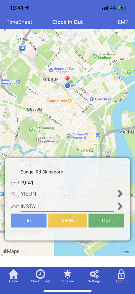 TIMES Mobile Pro - 지도 위치와 출퇴근 버튼을 보여주는 GPS 기반 출퇴근 화면