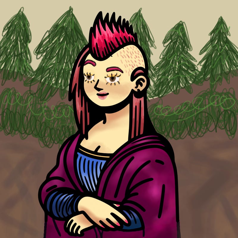 davinci's mona lisa with mohawk hairstyle, realistic, thin outlines