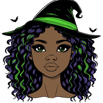 realistic black girl with wavy hair and witch hat and nose and lips