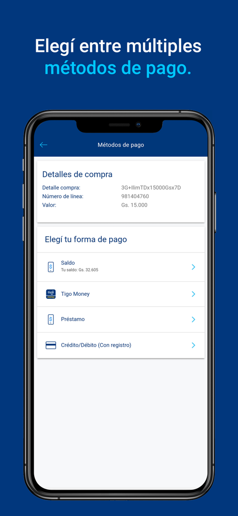 Mi Tigo Paraguay - Mi Tigo Paraguay app payment methods selection screen