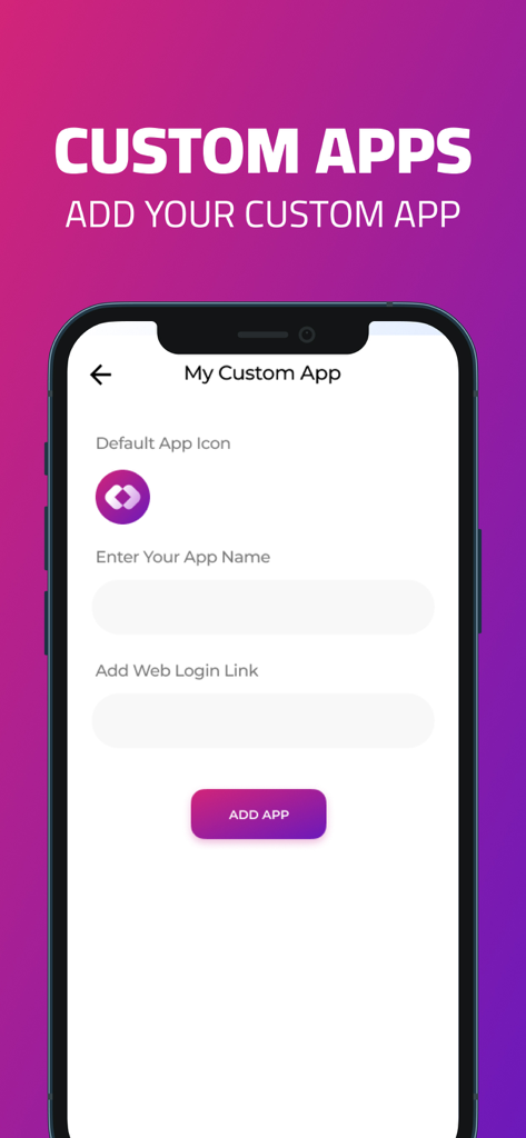 Eine mobile Benutzeroberfläche zum Hinzufügen einer benutzerdefinierten App mit Namen und Weblink im Dual Apps-Programm.