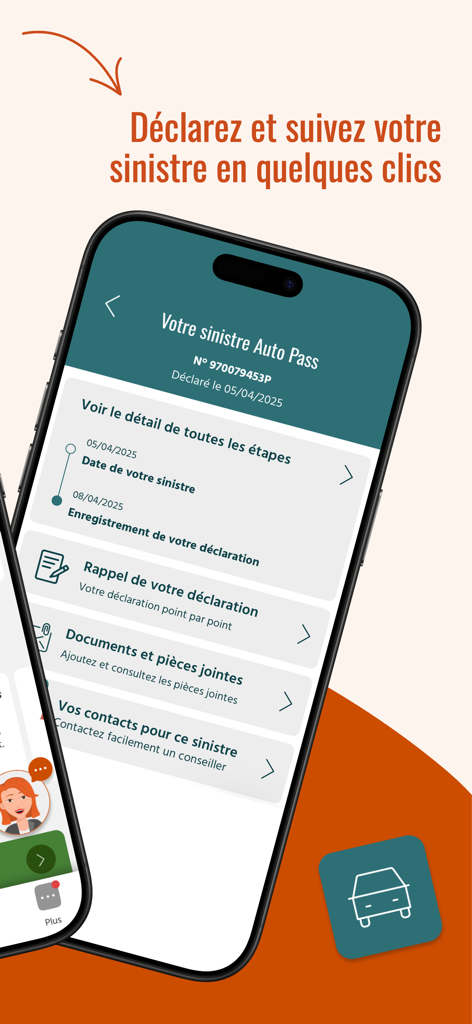 GMF Mobile - Vos assurances - GMF Mobile app interface for reporting and tracking a car insurance claim.