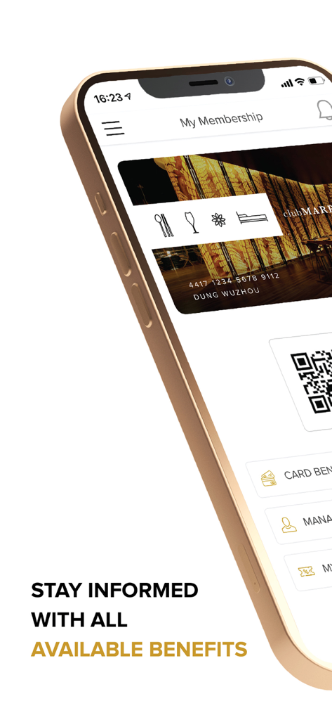 Tarjeta de membresía digital en la aplicación móvil Club Marriott Asia Pacific que muestra los beneficios disponibles y un código QR