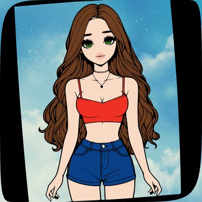 a realistic girl with long hair and in a crop top and shprts