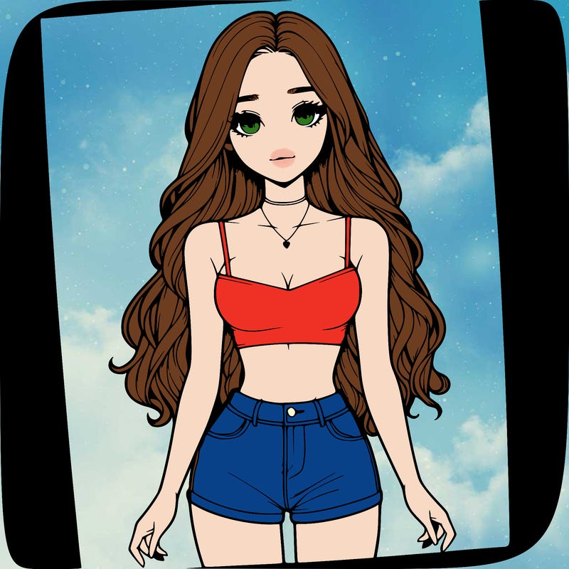 a realistic girl with long hair and in a crop top and shprts
