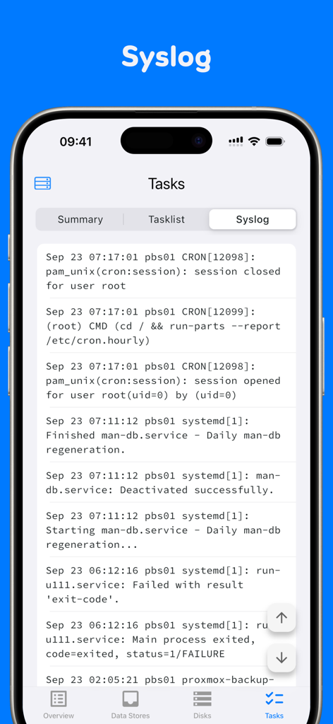ProxMate Backup - ProxMate Backup mobile app interface showing system log entries for server tasks.