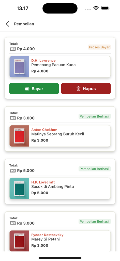 Baca Kakatua - Purchase history screen in the Baca Kakatua ebook app showing books and payment status.