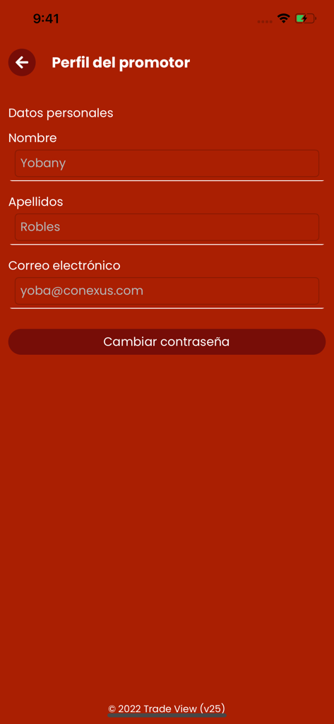 Bildschirm mit dem Promoterprofil in der TradeView mobilen App, der Benutzername und E-Mail-Felder anzeigt.