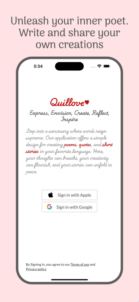 Quillove -write quotes, poems - Quillove app welcome screen showing sign in options and a message to unleash your inner poet