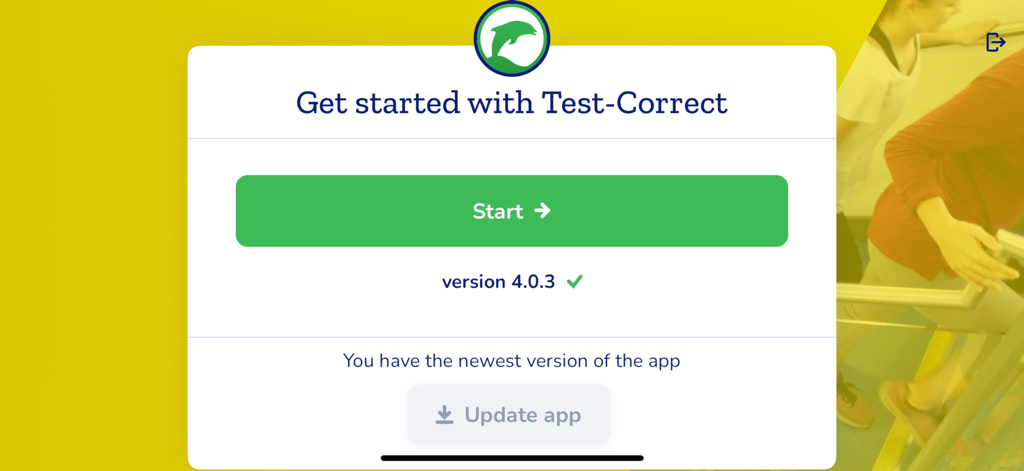 Test-Correct - Pantalla de inicio de la aplicación Test-Correct con un botón de inicio verde