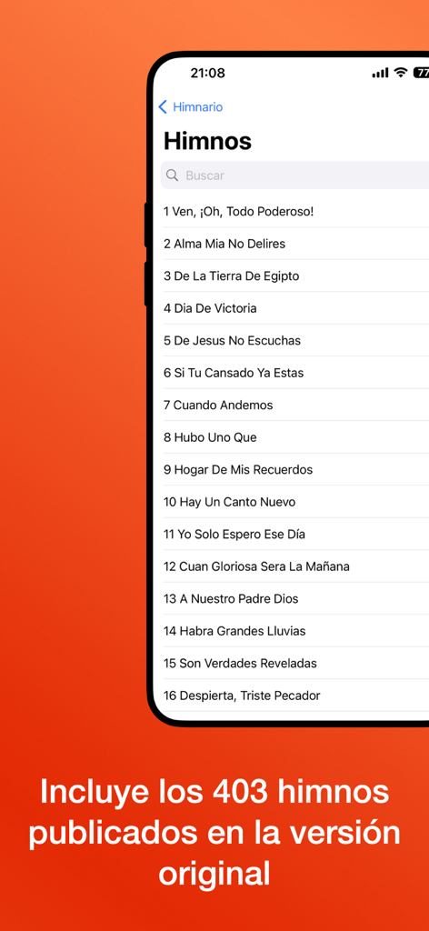 Himnario Pentecostal - Pantalla de un smartphone que muestra la lista de 403 himnos en la aplicación Himnario Pentecostal con una barra de búsqueda