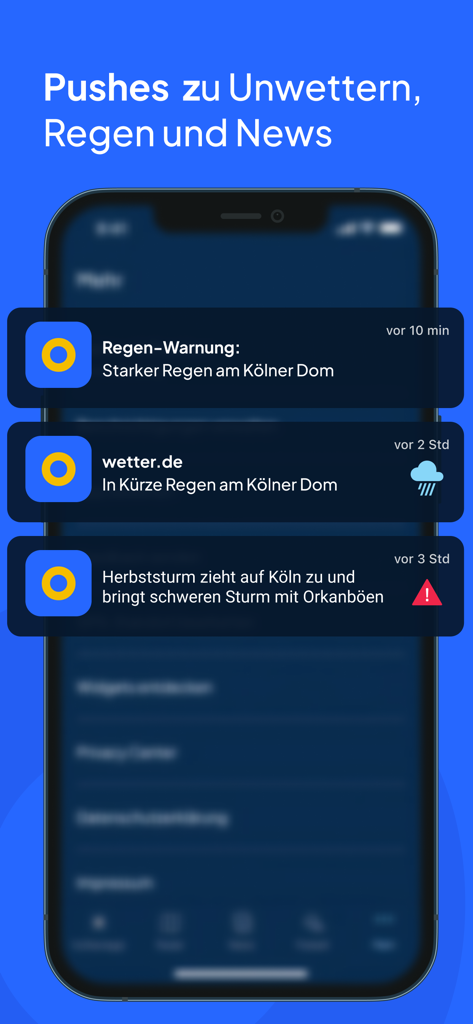 Écran d'iPhone affichant les notifications push en temps réel de pluie et de conditions météorologiques extrêmes de l'application wetter.de