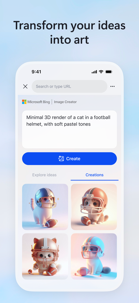 Interfaccia di Microsoft Bing Image Creator che genera rendering 3D di gatti in caschi da calcio da un prompt di testo