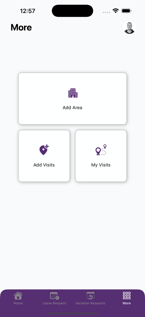 El menú Más de la aplicación Smart-Time STS que muestra opciones para Agregar Área, Agregar Visitas y ver Mis Visitas