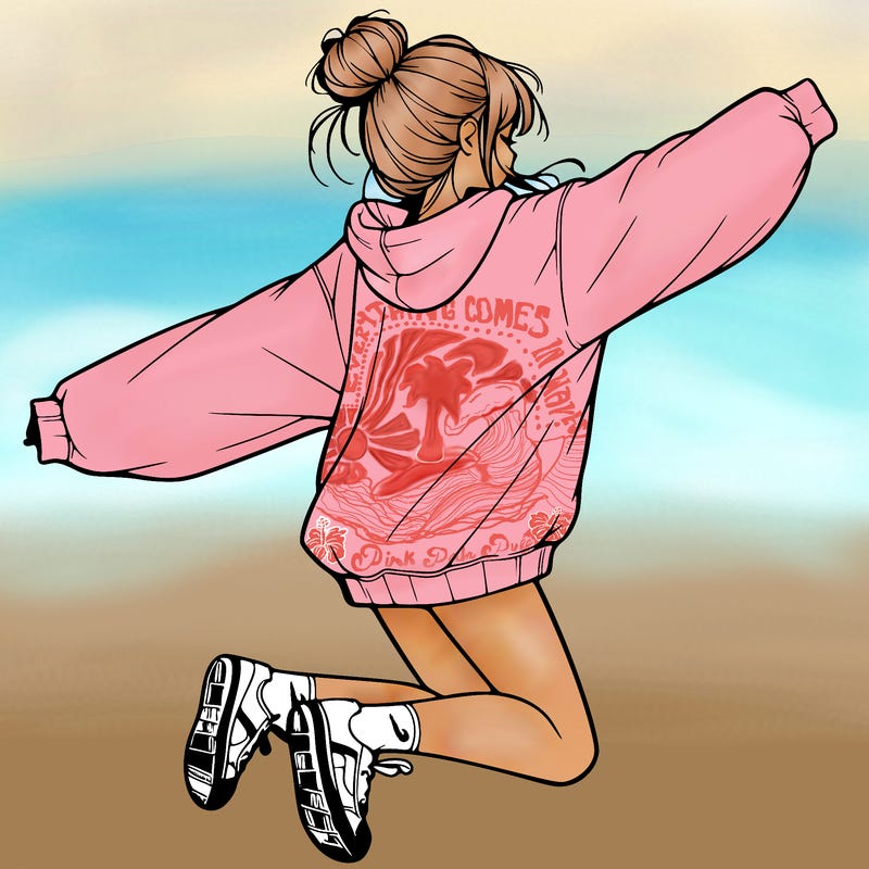 realistic girl jumping with a bun and oversized sweatshirt