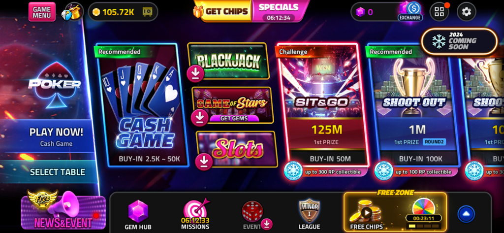 House of Poker - Texas Holdem - Lobby du jeu House of Poker montrant différents modes de jeu, y compris Jeu d'argent, Blackjack et Machines à sous
