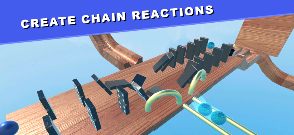 Marble Run : Race builder - A physics based marble track showing falling dominoes and marbles creating a chain reaction.