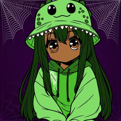 girl with anime shaped eyes with a dinosaur bucket hat oversized sweatshirt long straight hair