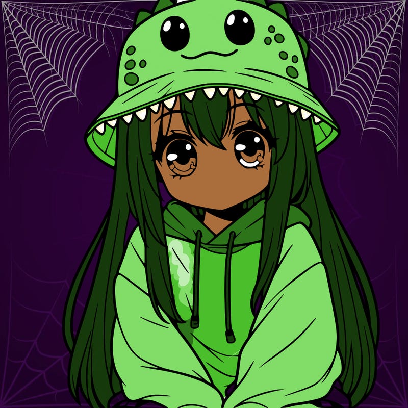 girl with anime shaped eyes with a dinosaur bucket hat oversized sweatshirt long straight hair