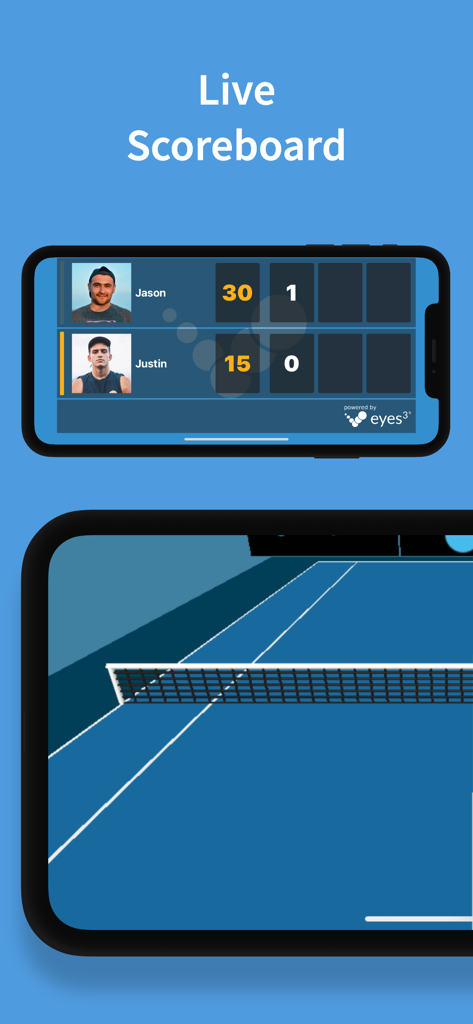 eyes3: AI LineCall and VAR - Interface of the eyes3 app displaying a live scoreboard for two players and a perspective view of a tennis court