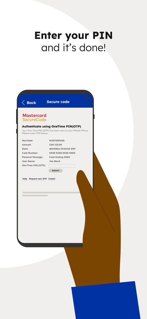 Mobile screen showing Mastercard SecureCode authentication in the Standard Bank Scan to Pay app
