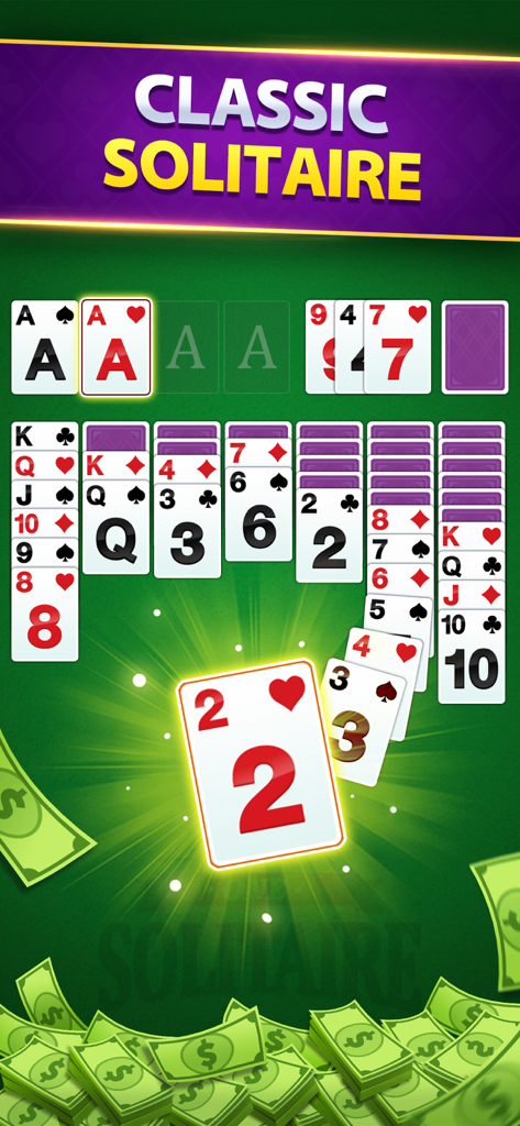 Solitaire Lucky Win Cash - Tablero de juego clásico de solitario mostrando cartas y montones de efectivo en la parte inferior