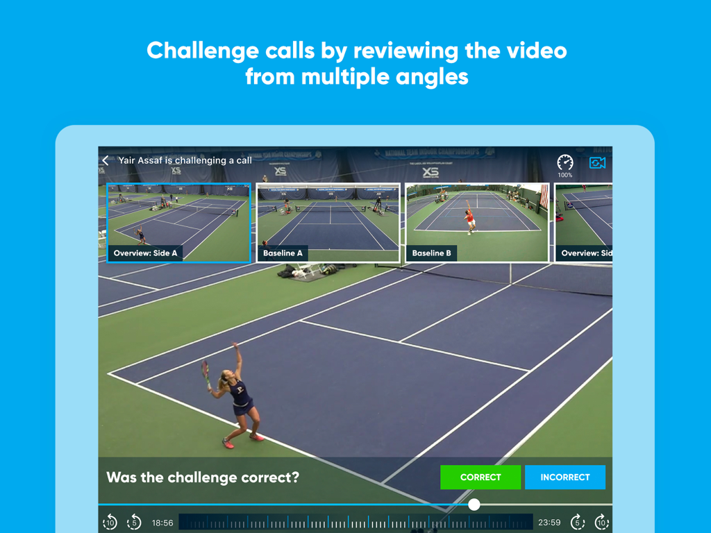 PlayFair by PlaySight - iPad interface showing multiple camera angles for a tennis match video review and challenge system