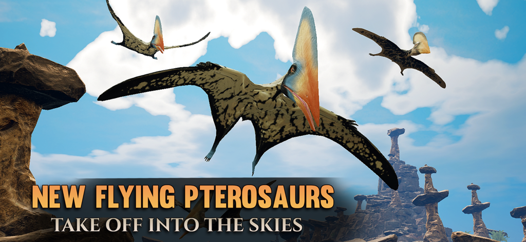 Path of Titans - A group of pterosaurs flying in the blue sky above a rocky landscape in the Path of Titans game.