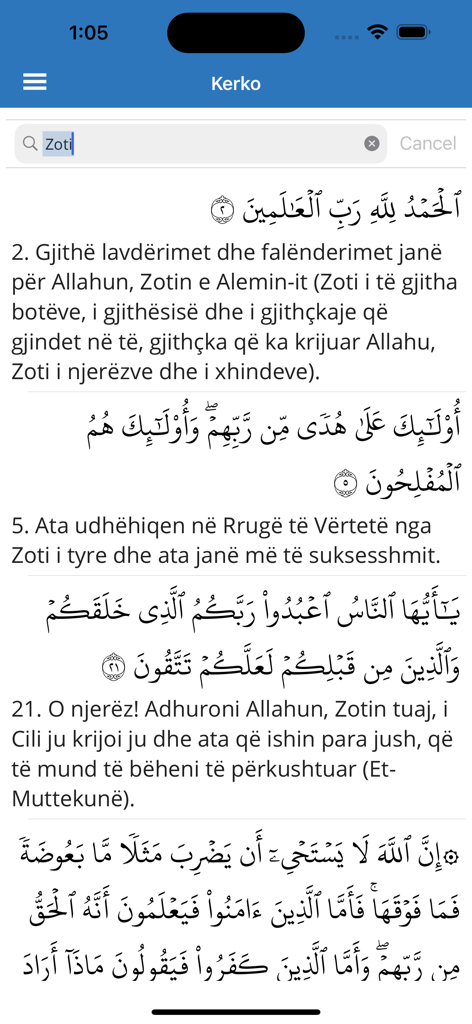 Kurani - Search results screen in the Kurani app showing Quranic verses in Arabic and Albanian translation for the keyword Zoti