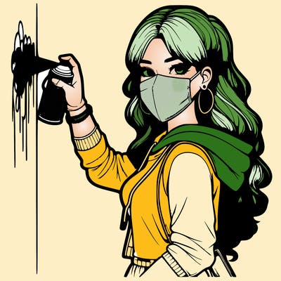 realistic girl with mask spray painting a wall