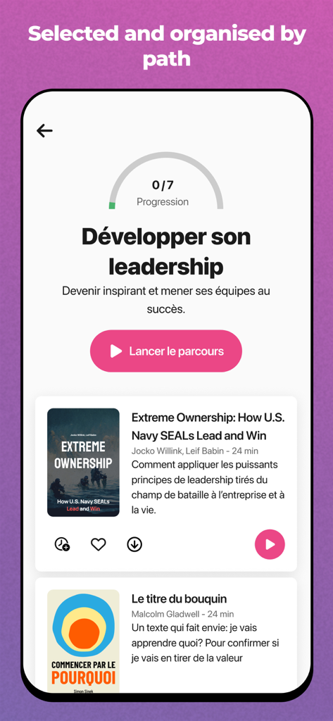 Koober : podcasts de livres - Koober app interface showing a curated leadership learning path and progress tracker