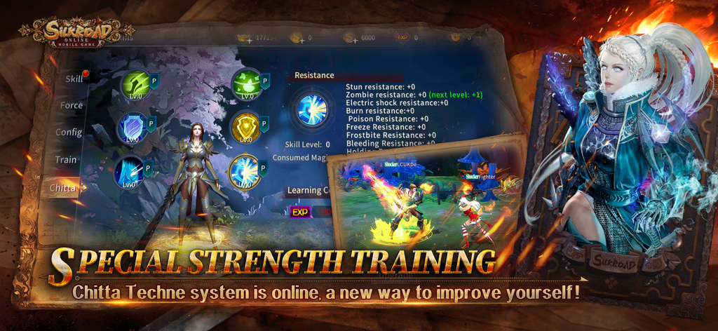 Interfaz del juego móvil Silkroad Online mostrando el entrenamiento especial de fuerza Chitta Techne y las estadísticas de resistencia del personaje