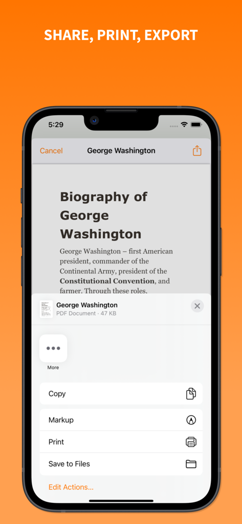 EZText - Text Editor - EZText interface showing options to share print and export a document to PDF