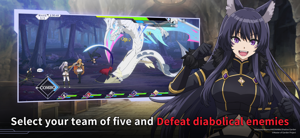 The Eminence in Shadow RPG - Una escena de batalla en 3D de The Eminence in Shadow RPG mostrando un equipo de cinco personajes de anime luchando contra un jefe dragón blanco gigante.